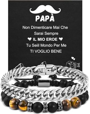 TERRISHE 2 Pezzi Bracciale a Catena Cubana in Acciaio Inossidabile, Bracciale Uomo Occhio di Tigre Naturale e Onice Nero Pietra, Regalo Uomo Compleanno per Papà, Regali per Festa del Papà