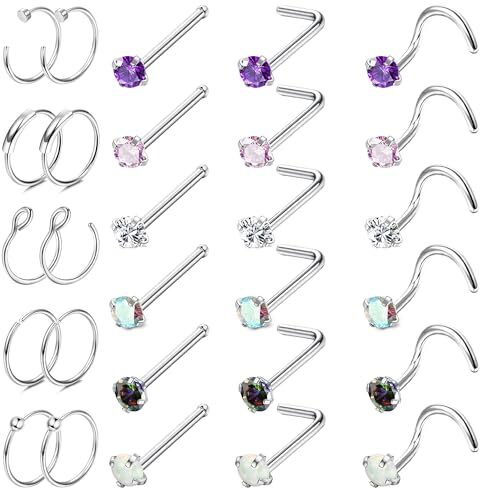 JeweBella 28Pezzi 20G Piercing Naso Acciaio Chirurgico per Donna Ragazze Colorato CZ Opale Piercing Naso Forma I/L/S Piercing Naso Cerchio Set Piercing Nostril Labret Medusa