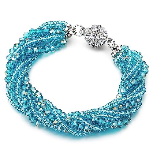 COOLSTEELANDBEYOND Blu Cristallo Perlina Multi-Fila Bracciale Braccialetto con Strass Palla Charms Chiusura Magnetica