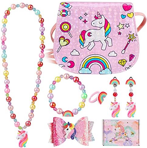 Hifot Unicorno Borsetta Gioielli Glitter Anelli Bracciali Collane Fermagli per Capelli Orecchini Crossbody Set, Bomboniere per Vesti bene e Giochi di Ruolo