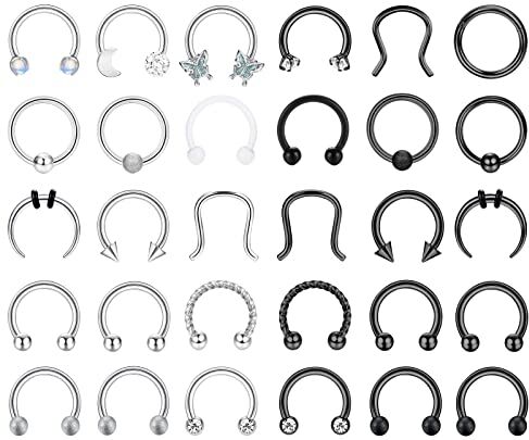 Milacolato 16G Septum Piercing Orecchini Acciaio Inossidabile, Anello Naso Horseshoe Argento Nero 10mm, Anallergici Orecchini Helix Daith Cartilagine Lingua Piercing Gioielli per Uomo Donna 30Pz