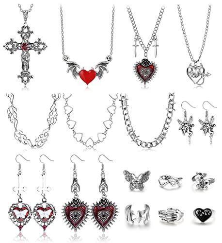 Milacolato 16 Pezzi Grunge Gotico Gioielli Set Collana Punk Set Vintage Goth Anello per Le Donna Pendenti Orecchini Goth Girocollo Collana Emo Y2K Gioielli per Ragazze Uomo