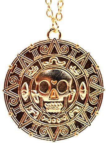 Beaux Bijoux Ciondolo a forma di moneta / medaglione azteco con teschio, stile Pirati dei Caraibi, base metal, colore: Gold