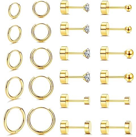 FIOROYAL 11 Paia Orecchini Acciaio Chirurgico Orecchini Anallergici Donna Palla Zirconi Piccoli Orecchini Placcati in Oro 14K Orecchini Cerchio Oro Piercing Orecchio