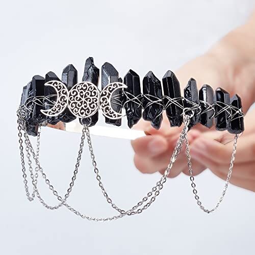 NICENEEDED Diadema di Quarzo In Cristallo Grezzo Nero, Fascia Boho In Cristallo di Luna per Strega Wicca, Copricapo Da Sposa per La Corona Della Dea per Gioielli Cosplay Donne e Ragazze