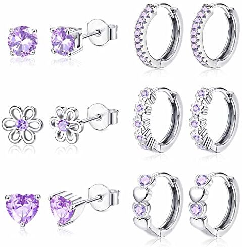 JeweBella 6Paia Piccoli Orecchini per Donna Ragazze in Argento 925 Ago Ipoallergenico Orecchini a Cerchio Cuore Fiore Zircone Multicolore Cartilagine Set di Orecchini Bambina Anallergici