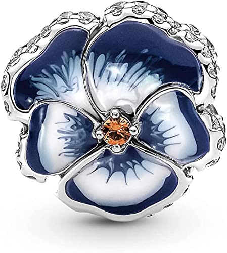 BEEUVIP Blue Pansy Flower Charm per bracciali, ciondoli in argento 925, perline per collane, per la festa della mamma, compleanno, regalo di Natale