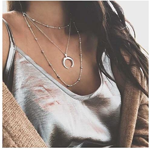 Allereya Collana a mezzaluna a strati vintage Collana a mezzaluna in argento Collana ciondolo a forma luna Collana a catena satellitare punk Gioielli per donne e ragazze (argento)