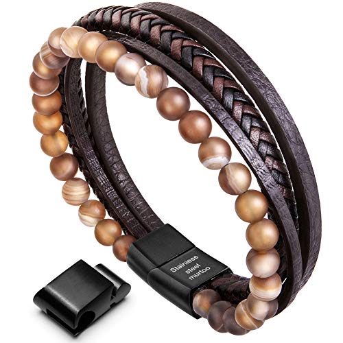 Murtoo Bracciale Uomo Pelle e Pietra Naturali con Chiusura Magnetica Acciaio Inox Braccialetto Pacco Regalo (Pietra Giove 20cm)