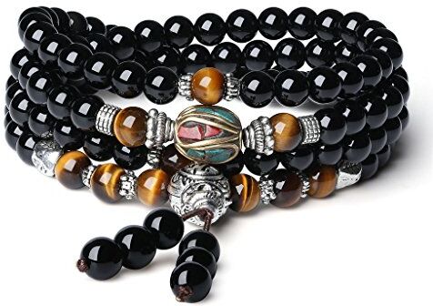 COAI Bracciale con 108 Perle Mala in Onice e Occhio di Tigre Marrone, Bracciale Rosario Buddhista