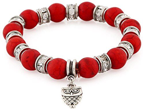 Morella Bracciale Donna con Perle e Ciondolo Gufo e zirconi Elastico Rosso