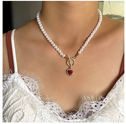 Cimenexe Collana Di Cuore Rosso Bohemien Catena Collana Girocollo Perla Vintage Collana Cz Cuore Ciondolo Alamaro Chiusura Collana Girocollo Gioielli Per Donne E Ragazze