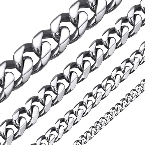 ChainsHouse Catena da uomo in acciaio inossidabile, collana grande a maglia cubana per bambino, ragazzo, gourmette massiccia girocollo punk [argento/nero/piatto oro-larghezza: 3/6/9/12 mm; lunghezza: