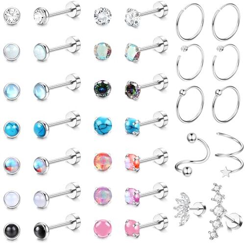 JeweBella 19Paia Piccoli Orecchini Donna Acciaio Chirurgico Zirconia Opale Pietra di Luna Turchese Orecchini Argento Set Orecchini Cerchio Anallergici Piercing Cartilagine Flatback Orecchini