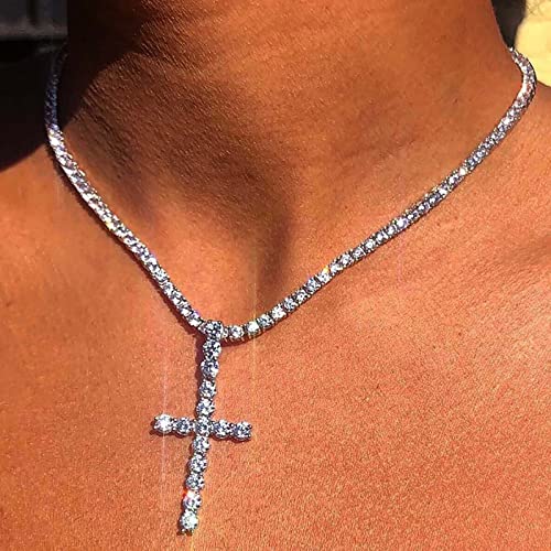 Atentuyi Cz Ciondolo Croce Collana Tennis Catena Collana Cubic Zirconia Tennis Collana Argento Cristallo Girocollo Collana Croce Religiosa Gioielli per Donne e Ragazze