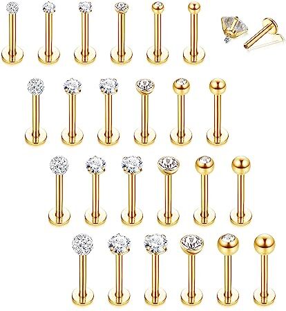 LOLIAS 24Pcs Piercing Labret Donna Uomo Piercing Orecchio Acciaio Chirurgico 16G Naso Piercing Trago Orecchino Helix Stella Cuore CZ Trago Helix Piercing Orecchini Cartilagine Gioielli