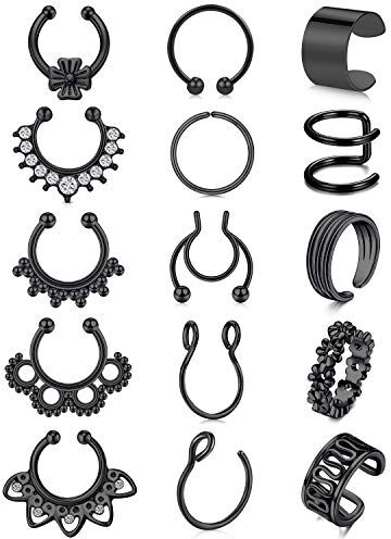 Rajnard Piercing Naso Finto Nero Acciaio Inossidabile Piercing Finti Naso Septum Anelli Naso Polsino dell'orecchio Cuff al Orecchio Piercing Non Forato per Donna Uomo 15 PCS