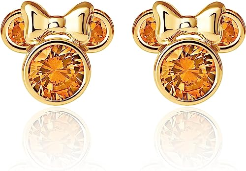 Disney Orecchini  in Oro Giallo 9 KT per Bambine con Minnie, Impreziosito da Zirconia Marrone Chiaro