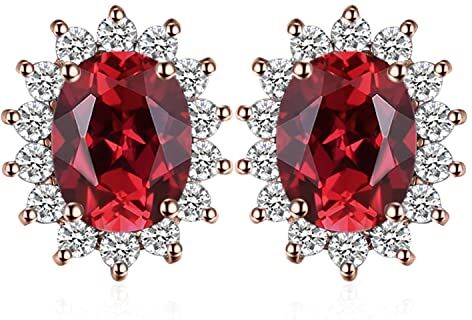 JewelryPalace Kate Middleton Orecchini a Bottone Donna Argento 925 con Naturale Granato Rosso, Princess Diana William Orecchini a Lobo con Pietra Ovale, Orecchini Stud in Oro Rosa Set Gioielli Donna