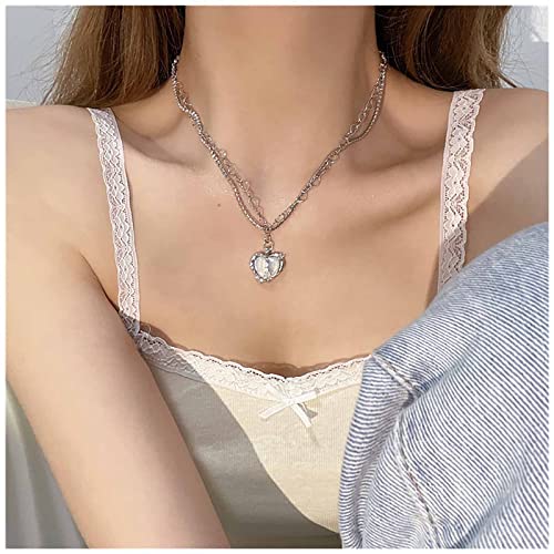 Dervivea Boho Stratificato Cuore Ciondolo Collana Cz Tennis Catena Collana Cuore Opale Pietra Di Luna Collana Cuore Aperto Link Catena Gioielli Per Le Donne E Le Ragazze