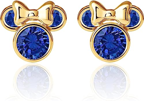 Disney Orecchini  in Oro Giallo 9 KT per Bambine con Minnie, Impreziosito da Zirconia Blu