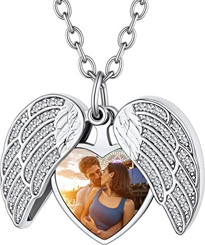 Custom4U Collana Donna Foto Argento Medaglione Zirconi AAA Ciondolo Nome Testo Inciso Collana Personalizzata Locket Apribile con Cuore Regali Commemorativi per Mamma Fidanzata 55+5 CM