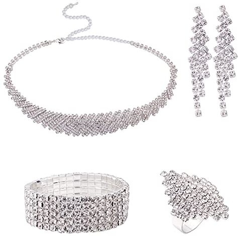 NICENEEDED Set di Gioielli Da Donna con Strass In Argento, Bracciale Elasticizzato In Cristallo Collana Girocollo Glitterata Anello Orecchini Nappa per Donna Festa di Nozze per Ragazze, Set di