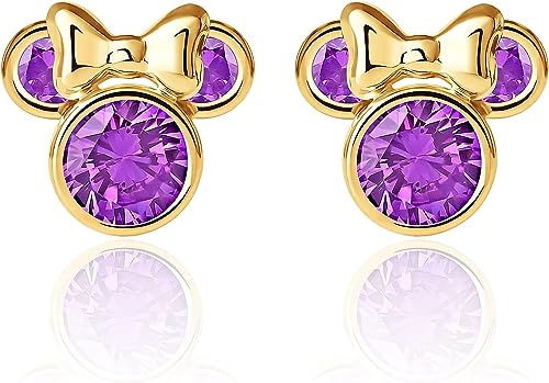 Disney Orecchini  in Oro Giallo 9 KT per Bambine con Minnie, Impreziosito da Zirconia Viola