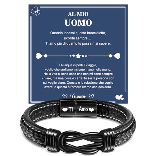 YELUWA Ti Amo Bracciale Papà Uomo, Bracciali Pelle da Uomo Infinito Nodo Incisione Natale Regalo Compleanno Per Lui Regalo Marito Idee Regalo Uomo Regalo San Valentino Per Lui, Regalo Festa del Papà