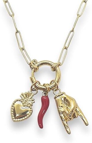 SiLo Bijoux Collana catena sacro cuore corno mano corna donna uomo in acciaio inox 316L anallergico alta qualità portafortuna Disponibile color oro e argento Confezione regalo (GOLD)