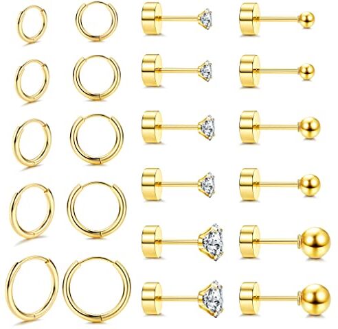 FIOROYAL 11 Paia Orecchini Acciaio Chirurgico Orecchini Anallergici Donna Palla Zirconi Cartilagine Piccoli Orecchini Placcati in Oro 14K Orecchini Cerchio Oro Piercing Orecchio