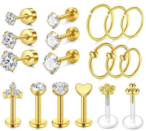 NIUSIMAN 18 pezzi piercing elica,orecchini oro 16G acciaio chirurgico Tragus Piercing orecchio Stud Orecchio Piercing in acciaio inox Anelli Orecchini a perno Cartilagine Labret Piercing Gioielli