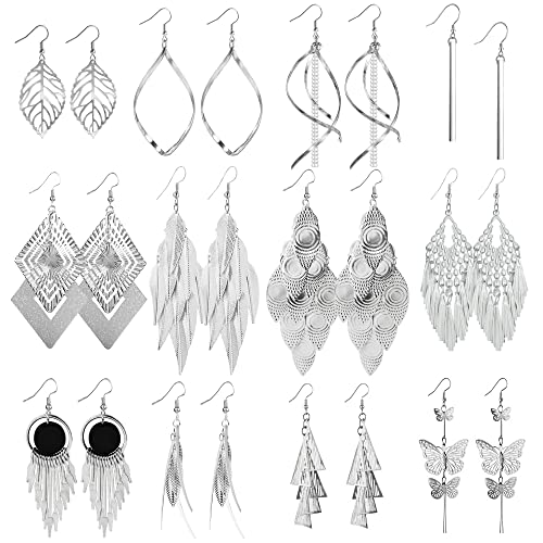 Ash 12 paia di orecchini a goccia d'argento per le donne, set di orecchini Boho, orecchini a foglia lunga grande che scava la foglia Tassel Feather Prism Orecchini Boho ipoallergenici Orecchini