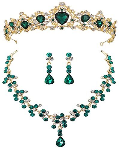 YTGLQAZ Collana Collana A Catena Per Donna Barocco Vintage Oro Rosso Verde Blu Cristallo Set Da Sposa Girocollo Collane Orecchini Diademi Set Perline Regali 3 Pezziverde