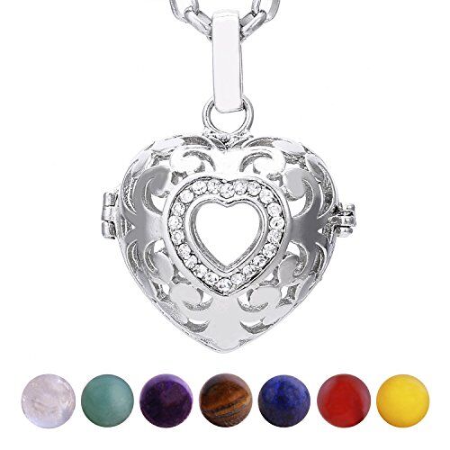Morella Collana donna acciaio inossidabile 70 cm con ciondolo cuore amore e 7 sfere con pietre preziose gemme minerali in un sacchetto di velluto