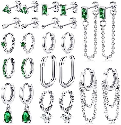 LOLIAS 12 Pairs Smeraldo Set Orecchini Oro Acciaio Chirurgico Orecchini Placcati Oro Donna Catena Ciondolo gli Orecchini Cerchio Oro Verde Piccolo Zircone Piercing Orecchio