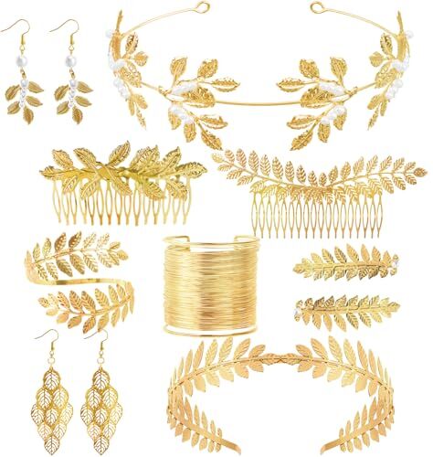 Nswayy 10 Pezzi Dea Greca Costume Accessori Set, Corona Della Dea Oro, Corona Dea Tiara con Orecchini Bracciale Pettine per Capelli per Donne in Feste di Matrimonio Uso Quotidiano di Halloween