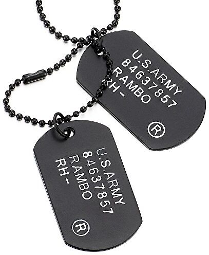 COOLSTEELANDBEYOND Nero Satinato Due Pezzi Militare Esercito Dogtag Ciondolo, Collana con Pendente da Uomo, Palla Catena 70CM