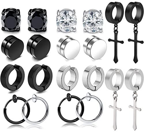 VELESAY 10Paia Magnetici Orecchino Finto in Acciaio Inossidabile Cerchio Orecchino CZ Calamita Cerchio Orecchino Non Piercing Piume Orecchino Uomo Nero Set