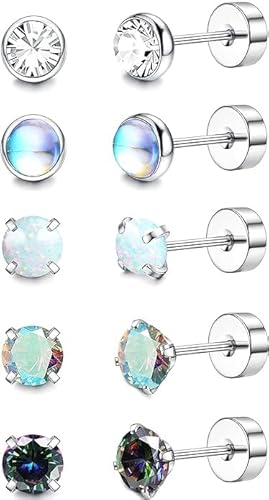 JeweBella Orecchini Acciaio Chirurgico Donna Piccoli Orecchini a Cerchio Argento Set Orecchini Opale Zirconia per Piercing Multipli Orecchini Anallergici Cartilagine Piercing Orecchio per Donna Uomo