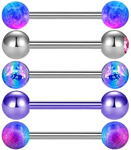 OUFER 5PCS Set Palline Piercing Lingua Barre 16 mm Tongue Piercing Acciaio Chirurgico Viola Colorati CZ Glitter Tongue Bar Bells Gioielli Donne Uomini