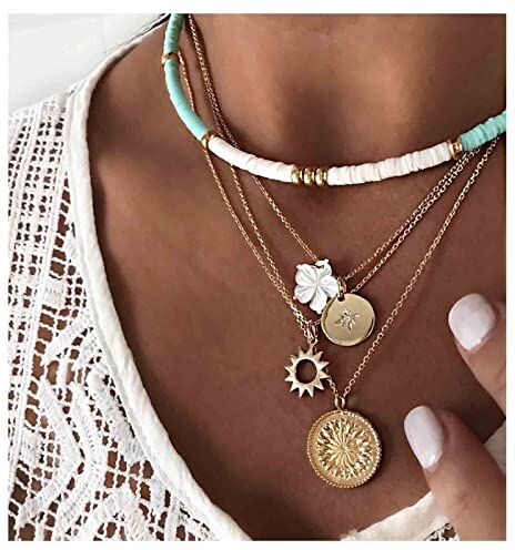 Allereya Bohemia Colorato Heishi Collana Oro Metallo Moneta Stratificazione Collana Fiore Sole Ciondolo Collana Spiaggia Surfista Collana Catena Gioielli Per Le Donne E Le Ragazze