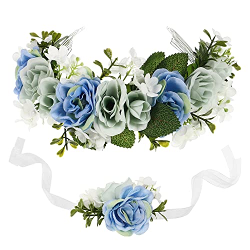 FRCOLOR Ghirlanda di fiori con corona, fascia per capelli con fiori, per la sposa, con braccialetto, set da donna e ragazza, per festival, feste, matrimoni, spiaggia