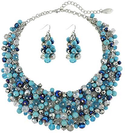 Bocar Set di collana voluminosa e orecchini con strass, alla moda, da donna, Vetro, Strass (-Turquoise Blue)