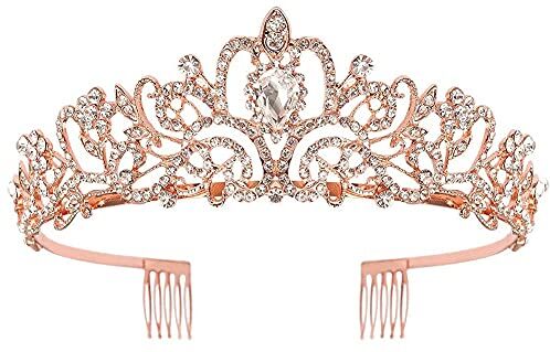 Didder Diadema con strass, per donne e ragazze, stile elegante da principessa, con pettinini, cerchietto da donna, per matrimoni, balli scolastici e feste di compleanno, colore: oro rosa