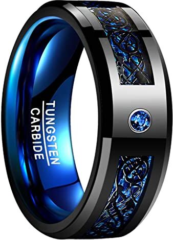 NUNCAD Anello donna celtico nero-blu, unisex anello tungsteno largo 8 mm con fibra di carbonio, anello nuziale, matrimonio e associazione, misura 57 (17)