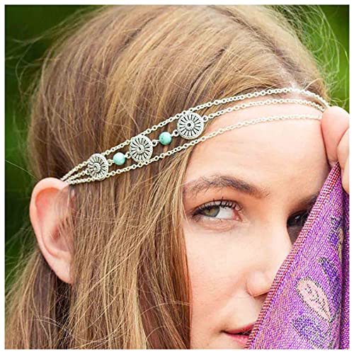 Inilbran Boho Stratificato Turchese Testa Catena Vintage Argento Moneta Testa Verde Pietra Preziosa Capelli Catena Festival Matrimonio Fascia Accessori Gioielli Per Donne E Ragazze