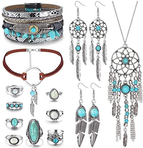 Milacolato Gioielli Occidentali per Le Donne Turchese Ciondolo Collana Western Goccia Pendente Orecchini Turchese in Ecopelle Bracciali a Strati Boho Knuckle Rings Set Bohemian Jewelry Set