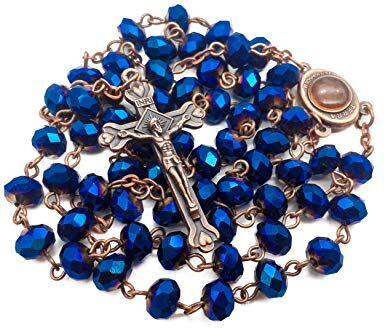 Nazareth Store Deep Blue Crystal Beads Rosario Collana cattolica Holy Soil Medal Croce Crocifisso Coroncina di design antico in borsa di velluto