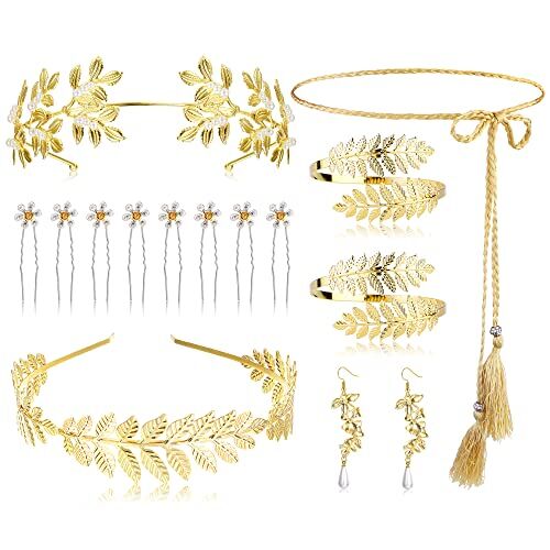 Milacolato Dea Greca Costume Accessori Parure Gioielli per Donna d'oro Alloro Foglie Corona Braccio Bobina Bracciale Capelli Copricapo Orecchini Toga Waist Chain Bigiotteria Festa Halloween 14A